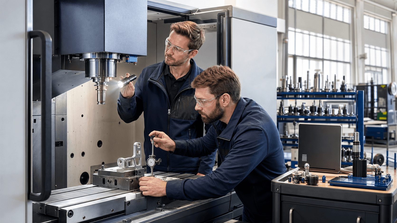 Industrial CNC milling machine with a metal aerospace part on the table, cool blue lighting, shallow depth of field
