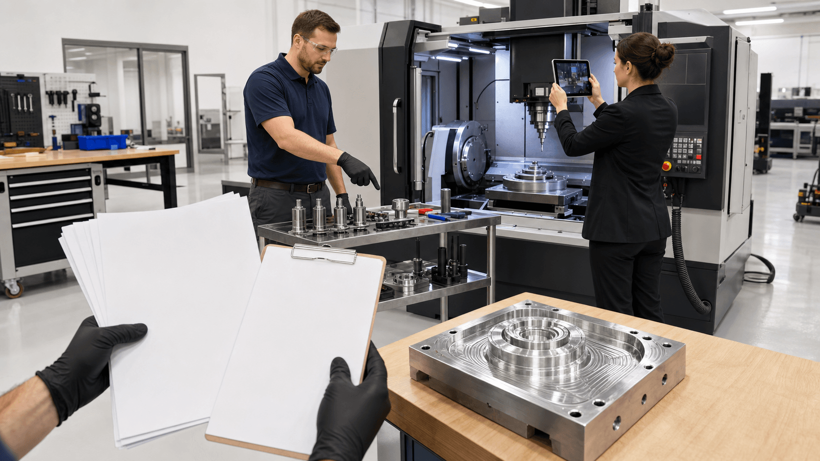 CNC milling machine in a bright workshop beside stacked manuals, a maintenance checklist clipboard, and a fresh test cut part