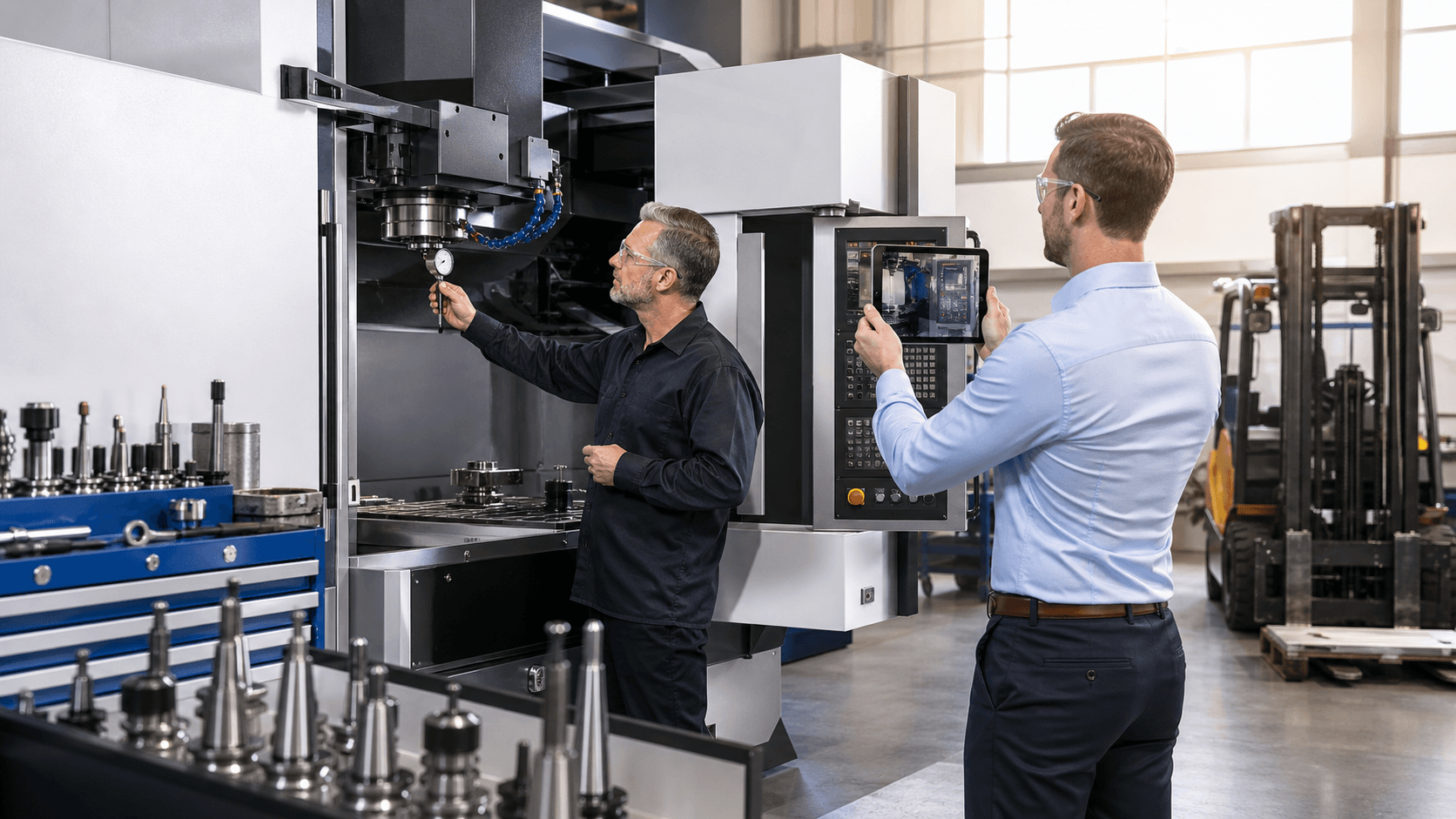 Blue-toned factory scene with a CNC milling machine in foreground, warm overhead lights, and a clipboard on a table.