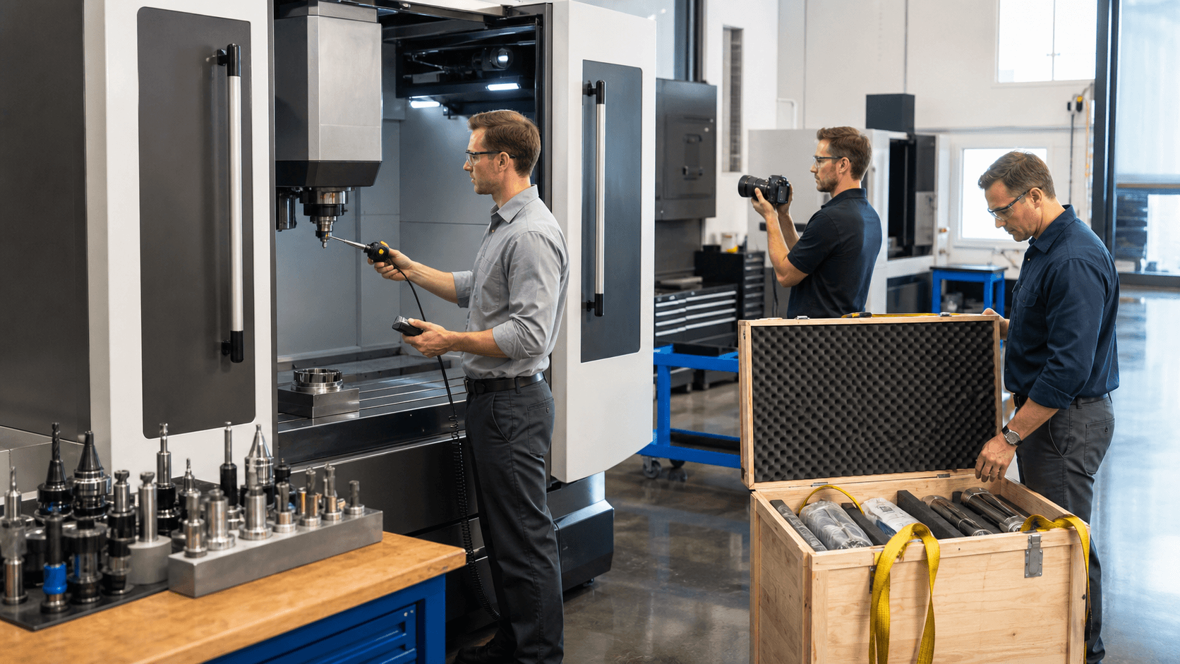 Close-up of a CNC milling machine in a bright workshop, with a clipboard and upward arrow chart overlay.