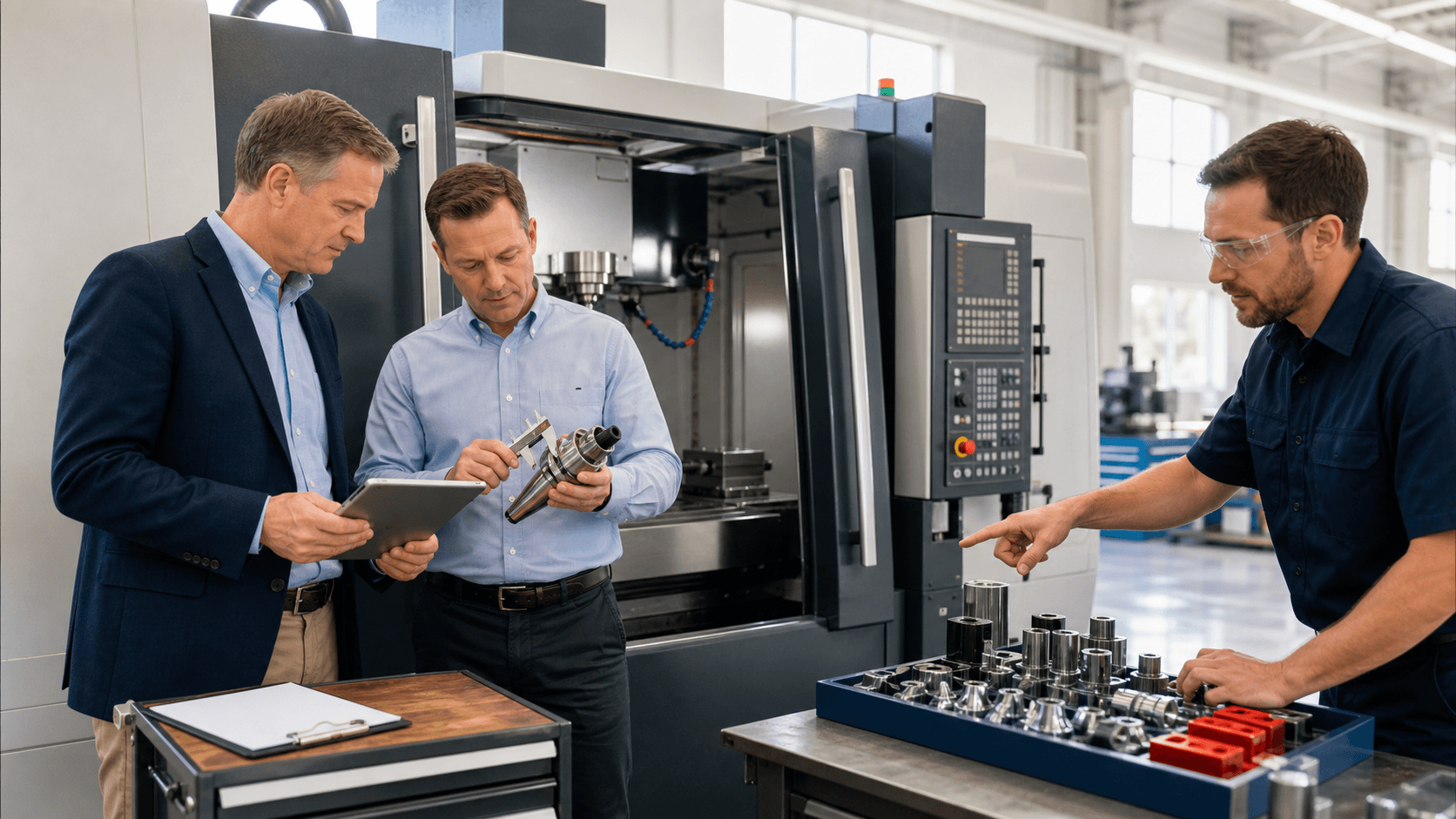 Metal CNC milling machine with control panel in a bright workshop, cool blue lighting and shallow depth of field