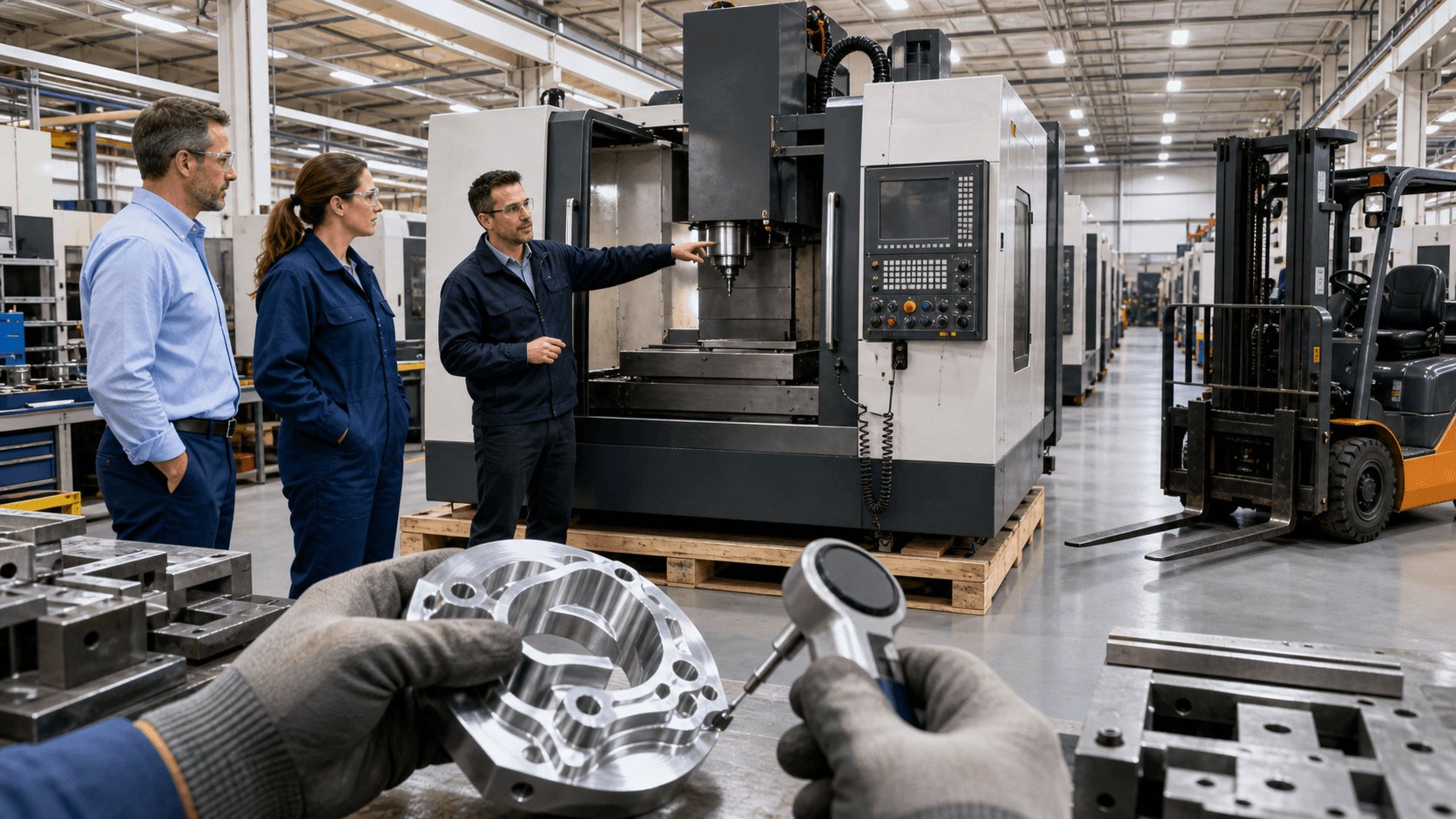 Industrial CNC machine on auction floor with bid tags, bright overhead lights, and blurred attendees in background