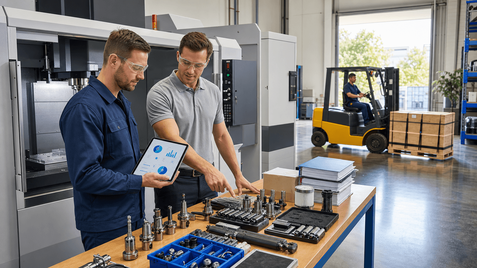 Industrial CNC milling machine in a workshop, blue-gray metal surfaces, warm overhead lights, shallow depth of field