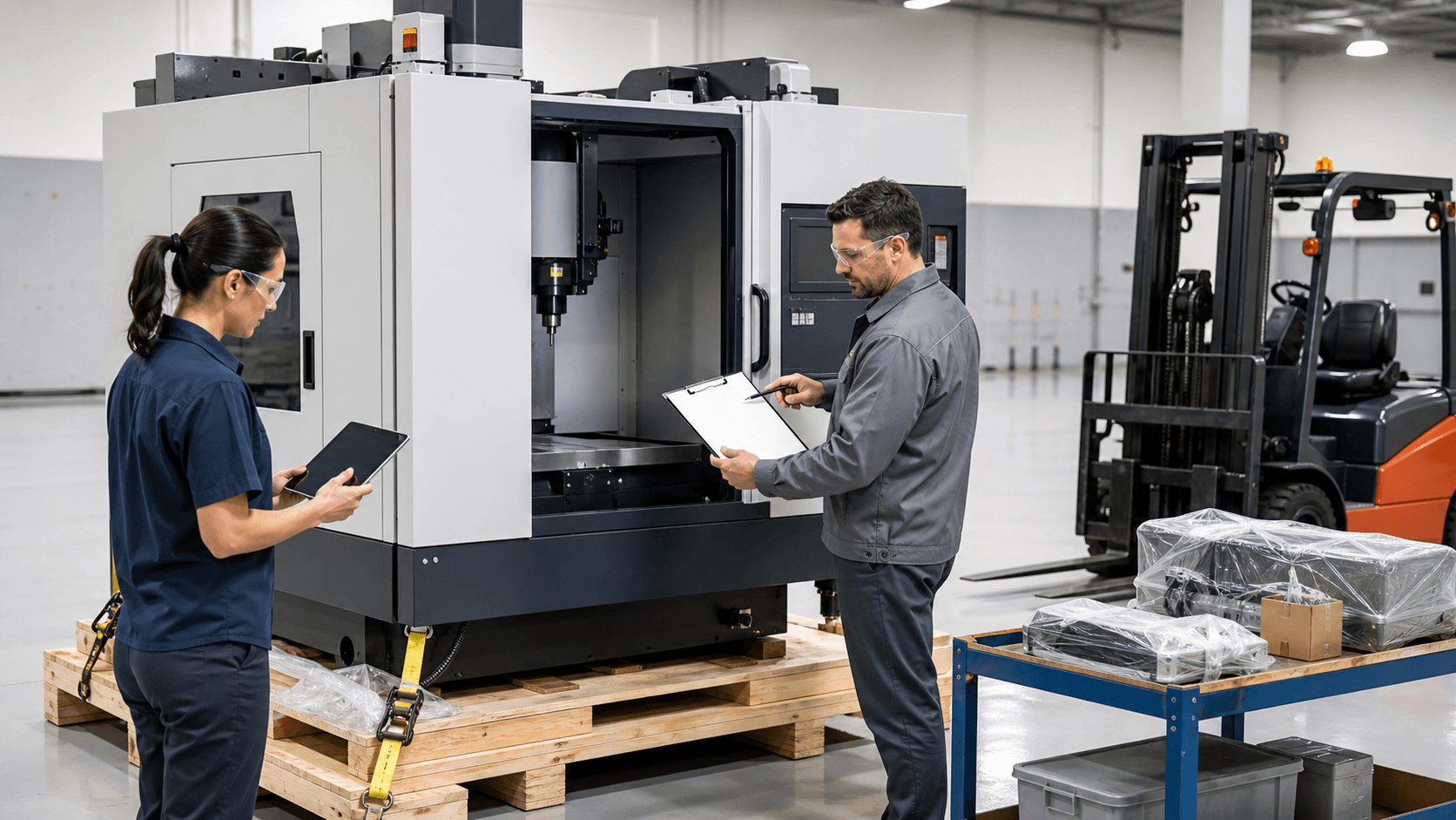 Industrial CNC machine on a warehouse floor beside a clipboard and sold tag, lit by cool overhead lights
