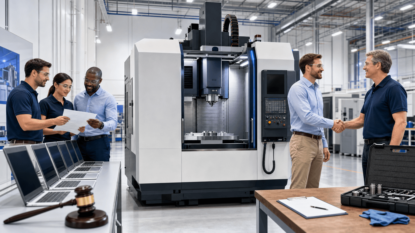 Split-screen graphic showing a CNC machine beside an auction gavel and a suited dealer shaking hands, on a blue backdrop.